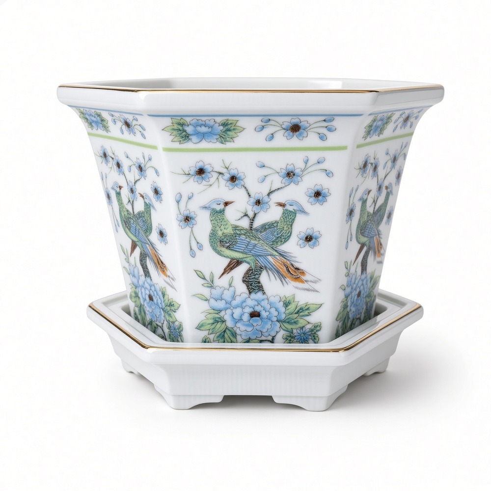 Vintage Hexagon Ceramic Planter with Saucer Blue Birds Floral Gold Trim 2pc Set